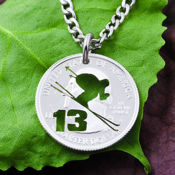 Mountain Skier with Custom Number, Ski Jewelry, Hand Cut Coin