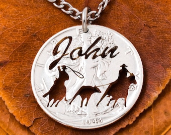 Team Roping Necklace with Custom Cut Name, Calf Roper, Western Jewelry Hand Cut Coin