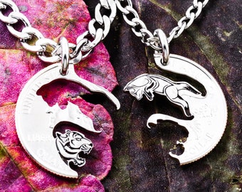 Fox and Tiger Necklaces, Best Friends and Couples Jewelry, Interlocking Animal Set, BFF Gifts, Hand Cut Coin