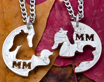 Mother Duck Baby Duckling Necklaces with Custom Initials, Family Animal Jewelry, Hand Cut Coin