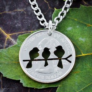 Family Love Bird Necklace, Hand Cut Coin
