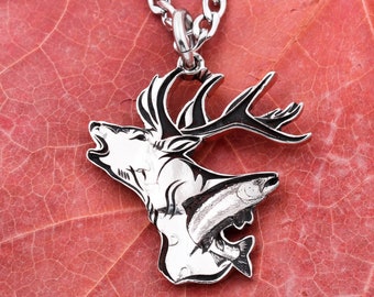 Elk and Salmon Necklace, Fishing and Hunting Jewelry, Gift For Hunters and Fishers, Engraved Hand Cut Coin