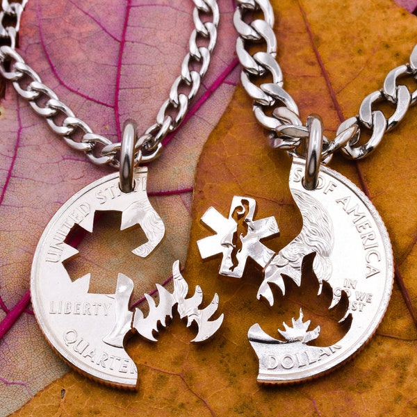 Medical and Firefighter Couples Necklaces, Best Friends Gifts, 24/7 Working Professions, Hand Cut Coin