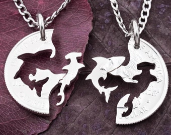 Shark Necklaces, Couples or Best Friends Gifts, Hammerhead and Shark, BFF for 2, Interlocking Like a Puzzle Jewelry, Hand Cut Coin