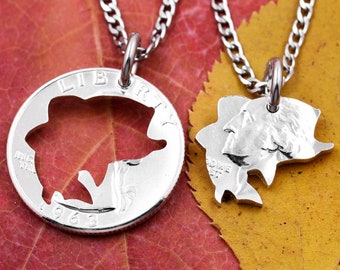 Fishing Jewelry, Bass Fishing Couples Necklace Set, Hand Cut Coin