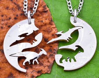 Parasaurolophus and Pterodactyl Necklaces, Best Friends Dinosaur Jewelry, Kids Gifts, Ducky Dino, Interlocking Hand Cut Coin