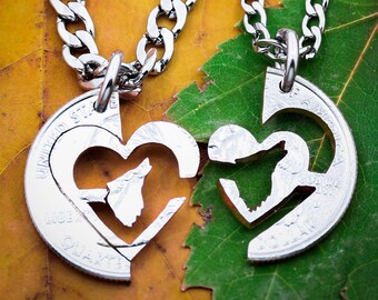 Howling Wolf Heart Necklace, His and Hers Couples Jewelry, Hand Cut Coin