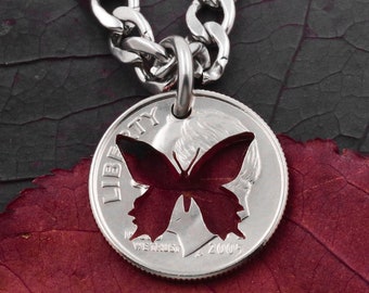 Butterfly Necklace, Silhouette, Hand Cut Coin