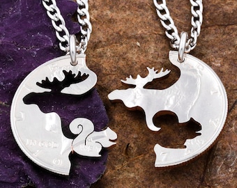 Moose and Squirrel Couples Necklaces, Animal Jewelry, His and Her Matching Jewelry, Hand Cut Coin