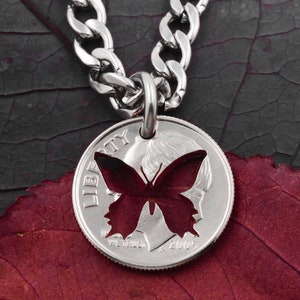 Butterfly Necklace, Silhouette, Hand Cut Coin