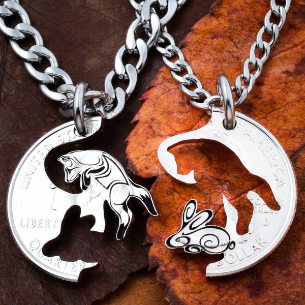 Fox and Rabbit Necklaces, Couples and Best Friends Jewelry, Bunny, BFF Gifts, Interlocking Puzzle Set, Hand Cut Coin