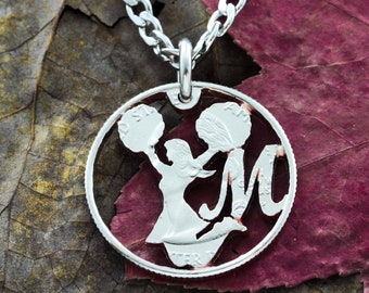 Cheerleader Necklace, With Custom Initial Monogram, Sports Gifts for Girls, Hand Cut Coin