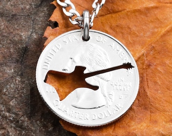 Electric Guitar Necklace, Rock Band Jewelry, Handcut Quarter Necklace
