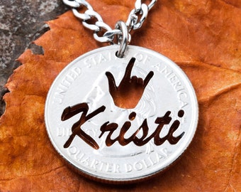 ASL I Love You Necklace with Personalized Name, Deaf Jewelry, Hand Cut Coin