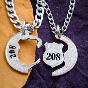 Police Officer Wife Gift Necklaces, Couples Badges Engraved, BFF Academy, Hand Cut Coin Jewelry