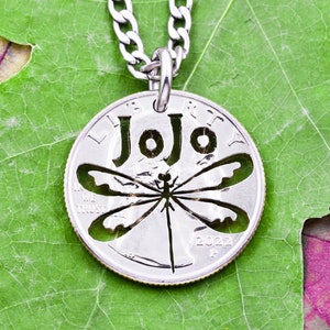 Dragonfly Necklace, Custom Name, Personalized Insect Jewelry, Silhouette, Hand Cut Coin