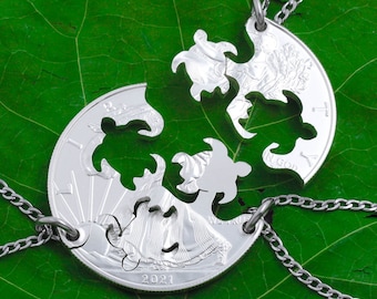 Three Best Friend Turtle Necklaces, 3 BFF Gifts, Friendship Interlocking Jewelry, Hand Cut Coin