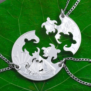 Three Best Friend Turtle Necklaces, 3 BFF Gifts, Friendship Interlocking Jewelry, Hand Cut Coin