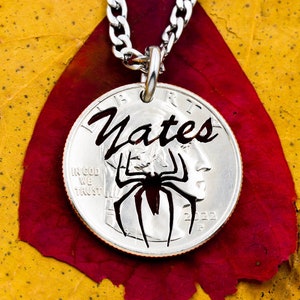 Spider Necklace with Custom Name, Gifts for Him, Boys Jewelry, Hand Cut Coin