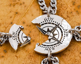 Engraved Compass Necklace Set: Hand Cut Silver Coin, Personalized