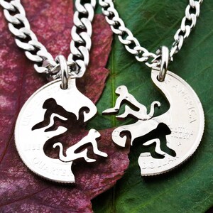 Chimpanzee BFF Necklaces, Couples or Friendship Chimp Jewelry, Monkey Handmade Coin Charm, Hand Cut Coin