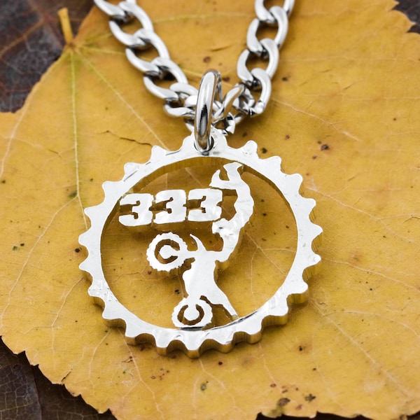 Motocross Sprocket Necklace, Custom Jersey Number, Dirt Bike Jewelry, Boyfriend Present, Gear Tires, Gifts for Him, Hand Cut Coin