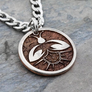 Engraved Firefly Necklace, Textured Background, Copper, Etched Designs, Gifts for Her, Insect Jewelry