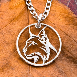 Lynx Necklace, Wild Cat Jewelry, Cat Head Portrait, Thin Rimmed Hand Cut Coin