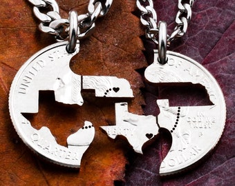 Personalized Long Distance Gift, State to State Relationship Necklaces, Heart on Your Cities, Hand Cut Coin Jewelry