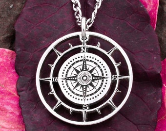 Silver Compass Necklace: Custom Coordinates, Engraved Nautical Jewelry