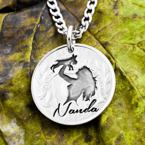 Girl and Her Dog, Customized Pet Necklace, Playful Pets, Engraved Name, Hand Cut Coin