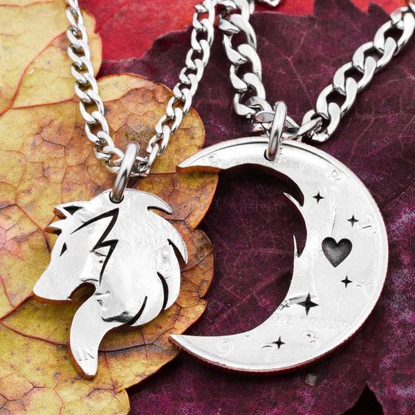 Wolf and Moon Coin Necklaces, Couples Hand Cut Connecting Pendants