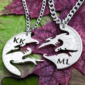 Pterodactyl Mejores amigos collares de regalo para 2, BFF Split Set, familia de dinosaurios voladores pterosaurios, moneda cortada a mano