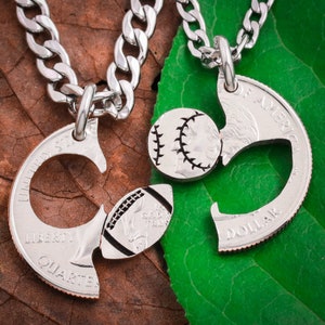 Football and Baseball Split Necklaces, Relationship Best Friend Jewelry, Softball Sports BFF and Friendship, High School Gift, Hand Cut Coin