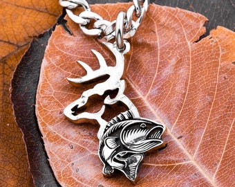 Engraved Buck and Bass Fish Necklace, Hunting Jewelry, Gifts For Him, Hunters Gift, Hand Cut Coin