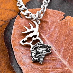 Engraved Buck and Bass Fish Necklace, Hunting Jewelry, Gifts For Him, Hunters Gift, Hand Cut Coin
