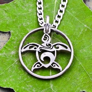 Baby Sea Turtle Necklace, Tribal Beach Jewelry, Ocean Wave, Islander Jewelry Gifts, Hand Cut Coin