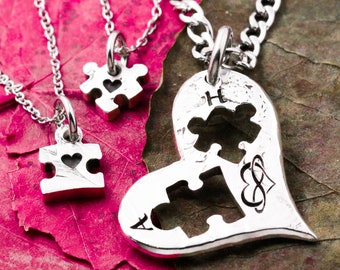 3 Personalized Heart Puzzle Necklace Set, Three Piece Heart Puzzle
