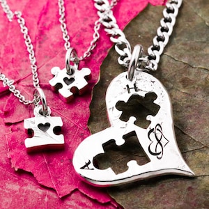 Hand Cut Coin Puzzle Necklace: Personalized Family Heart, BFF Gift
