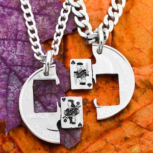 Playing Card Necklaces, King and Queen, Couples Gifts, Best Friends Jewelry, King of Spades, Queen of Hearts, Hand Cut Coin