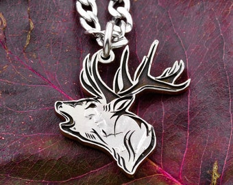 Elk Necklace, Hunters Gift, Engraved Hunting Jewelry, Bull Horns, Gift For Him, Hand Cut Coin