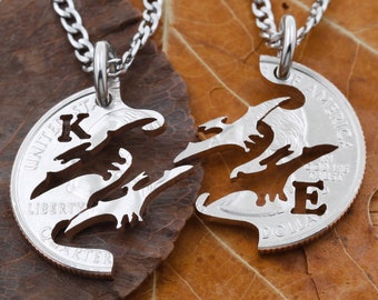 Interlocking Pterodactyl Dinosaurs Necklaces, Custom Cut Initials, Best Friends or Siblings Dinosaur Gifts, Hand Cut Coin