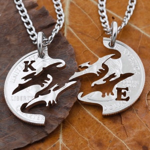 Interlocking Pterodactyl Coin Necklaces: Custom Initial Dinosaur Gift