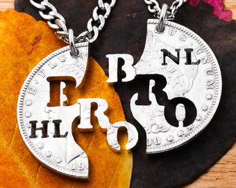 Brother BFF Necklaces, Custom Cut Initials, Best Friends Forever, Big Bro Little Bro, Siblings Jewelry, Interlocking Hand Cut Coin