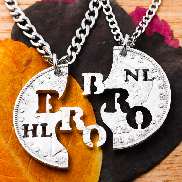 Brother BFF Necklaces, Custom Cut Initials, Best Friends Forever, Big Bro Little Bro, Siblings Jewelry, Interlocking Hand Cut Coin