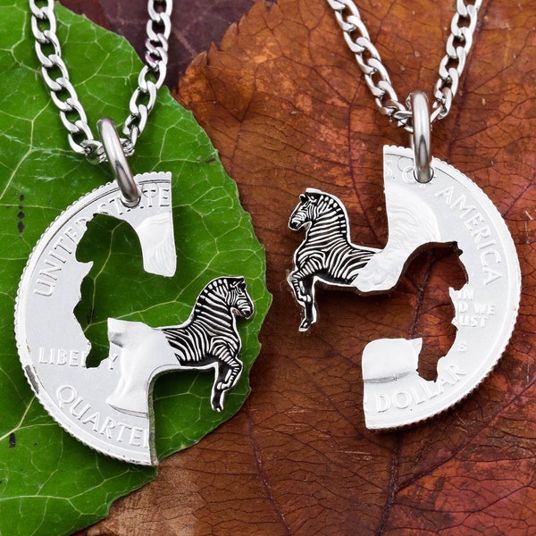 Zebra Necklaces, BFF or Couples Gifts, Friendship Jewelry, Engraved Animal Jewelry, Stripes, Safari Animals, Hand Cut Coin