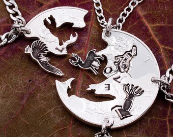 4 Piece Animal Necklaces, Custom Initials, Stag, Eagle, Wolf, and Squid, BFF Gifts, Family Love Jewelry, Hand Cut Coin