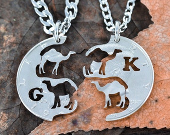 Camel Couples Necklaces, His and Her Dromedary Relationship Jewelry, with Initials, Hand Cut Coin