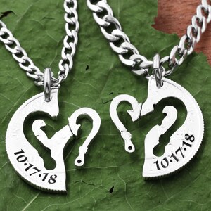 Fishing Hook Necklaces with Custom Engraved Dates for 2, Couples Wedding/Anniversary Gift, Interlocking Hand Cut Coin