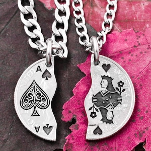 Collane con asso di picche e regina per i migliori amici, gioielli BFF, regali per coppie, carte da gioco, asso e cuori, moneta tagliata a mano